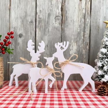 Imagem de Tresordetoile 3 peças de decorações de mesa de Natal para família de renas brancas - Sinais de madeira rústica para família de veados de madeira para decoração de mesa para bandeja em camadas, Natal