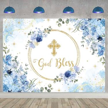 Imagem de God Bless Pano de fundo para meninos primeira comunhão batismo fundo azul floral glitter decoração de festa de batizado faixa para decoração de chá de bebê recém-nascido (25 x 20 m: 304,8 x 243,8 cm)