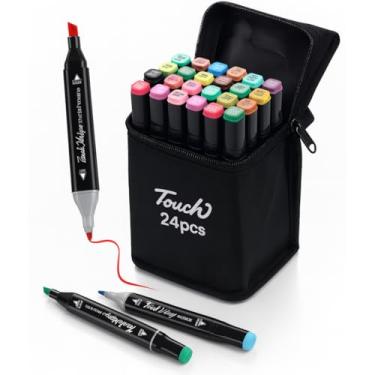 Imagem de Canetinhas Touch Ponta Dupla 24 Cores com Estojo – Marcadores Artísticos para Lettering, Desenho, Colorir, Escola e Escritório
