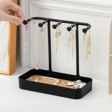 Imagem de Sanpyl Organizador de Suporte de Jóias, Suporte de Colar Com Bandeja de Madeira 5 Ganchos, para Pulseira Brinco Anel Chave Relógio (Preto)