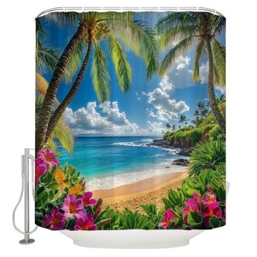 Imagem de JOFKAXU Cortina de chuveiro litorânea de praia Havaí, litoral, palmeira, tropical, flor, planta, paisagem, paisagem de ilha, natureza, céu azul, onda do mar, cortina de banheiro com ganchos, 187 x 177