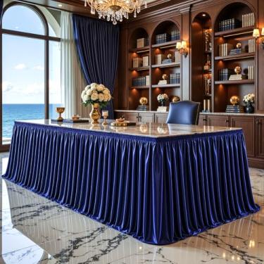 Imagem de Saia de mesa de cetim azul marinho 1,8 m brilhante de elastano para mesas retangulares/redondas, saia de mesa plissada com babados, toalha de mesa sem rugas para cozinha doméstica, mesa de dormitório