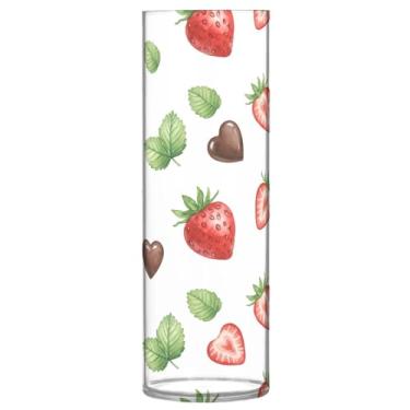 Imagem de CEBUGI Vaso de flores de morangos vermelhos 10 x 30 cm, vaso cilíndrico para flores, vaso transparente inquebrável para decoração de casa de festa de casamento