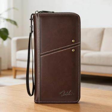 Imagem de Carteira ultrafina universal casual marrom escuro curta magnética brilhante de couro legítimo, design casual marrom escuro curto com fecho magnético, acabamento brilhante, sensação de couro