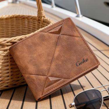 Imagem de Carteira masculina dobrável de couro curta, dobrável para o dia a dia (bege claro)