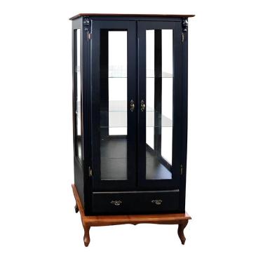 Imagem de Cristaleira Rústica De Madeira 2 Portas E 1 Gaveta - Pés Luiz Xv - Preto Laca Com Tampo E Base Imbuia Glazer