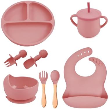 Imagem de Kit Introdução Alimentar Bebê 8 Peças Prato + Bowl Babador Copo + Tampa com Canudo + 2 Talheres + 2 Talheres Ponta Silicone Cabo de Madeira 100% Silicone Antitóxico Premium (Rosa Claro)