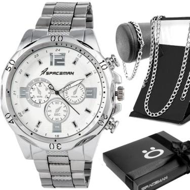Imagem de Kit Masculino Relógio Analógico Aço Inox Pulseira e Colar Grumet Prata