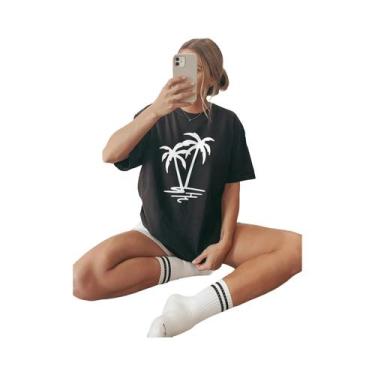 Imagem de Camiseta Vintage Com Estampa De Palmeira E Sol, Gola Redonda, Algodão 