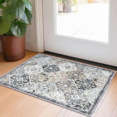 Imagem de KILOCOCO Tapete de porta de entrada interna 2x3 tapete de cozinha tapete de entrada tapete lavável antiderrapante pelo baixo marroquino vintage tapete floral tapete de entrada para banheiro quarto entrada tapete de lavanderia, cinza