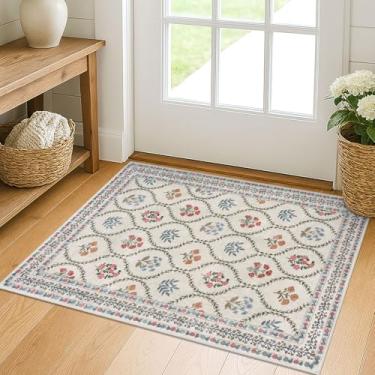 Imagem de KILOCOCO Tapete para área pequena de 5 x 7 cm, tapetes marroquinos para entrada interna, vintage, lavável, antiderrapante, tapete de lã sintética com estampa de destaque para lavanderia, cozinha