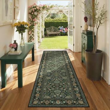 Imagem de Tapetes de corredor 5 x 18 cm Boho laváveis para entrada, banheiro, cozinha, tapetes longos para corredor, macio, pilha baixa, antiderrapante, suporte de borracha oriental, verde escuro