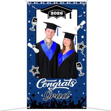 Imagem de Decorações de graduação Class of 2026 Decoração de festa de formatura adereço de cabine de fotos Parabéns Grad 2026 decoração de festa de graduação azul e preto para graduação do ensino médio