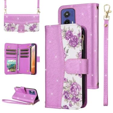 Imagem de Furiet Capa carteira floral para Motorola Moto G85 5G com fecho de correr, alça de pulso/ombro, luxuosa, com glitter, suporte para cartão, acessórios, capa para celular para MotoG85 G 85 feminina roxa
