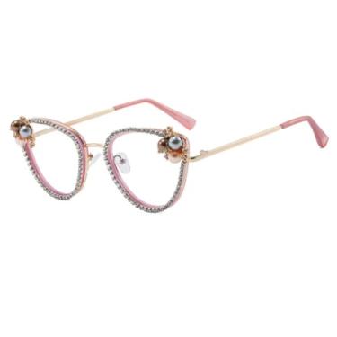 Imagem de HPIRME Óculos de lentes transparentes femininos, armação de pérolas, luxo, metal (roxo)