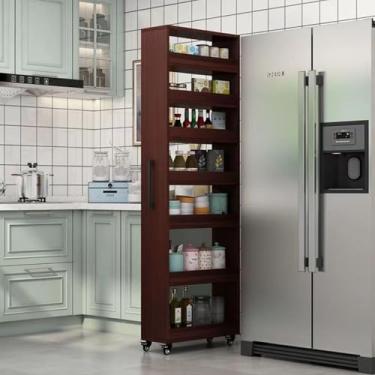 Imagem de Carrinho de armazenamento fino com alça e rodas - Armário de cozinha estreito, suporte de madeira para temperos para espaços pequenos, organizador de despensa, acabamento de nogueira leve, solução de