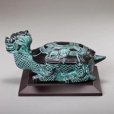 Imagem de FENNYYAR Ornamento de bronze de tartaruga de dragão antigo, 16,2 cm, sala de estar, escritório, decoração de casa