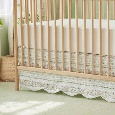 Imagem de Brandream Saia de cama infantil de algodão com borda recortada, listras florais e videiras, saia para cama de berçário neutra vintage verde fazenda chique boho saia boêmia