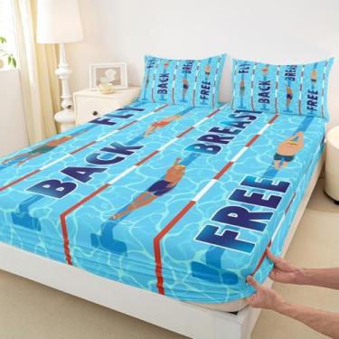 Imagem de Jogo de lençol solteiro de natação, azul 3D, para decoração de quarto de crianças, meninas, adolescentes, 2 peças, lençol com elástico alto, 1 fronha