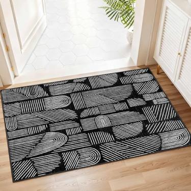 Imagem de MUJOO Tapete lavável de 5,5 x 7,5 cm, moderno, abstrato, antiderrapante, de pelo baixo, para área pequena, preto e branco, para entrada, banheiro, cozinha, quarto