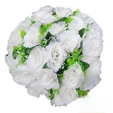Imagem de Buquê de Rosas Artificiais com Folhagem C/24 Flores – Arranjo Decorativo Realista para Casa, Festa e Presente(Branco-3916/4581)
