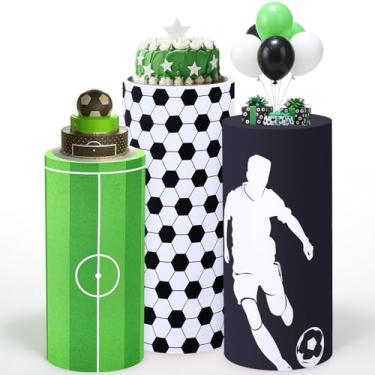 Imagem de Mindsoft Conjunto de 3 capas de suporte cilíndrico de elastano de futebol para festas, capas de pedestal de cilindro flexível de futebol, mesas de sobremesa para decoração de cenário de festa de