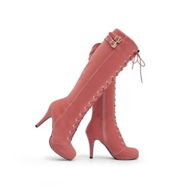 Imagem de getmorebeauty Botas femininas na altura do joelho, camurça, fivela, rock, cadarço, zíper na coxa, salto alto, rosa, 35