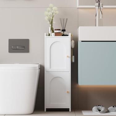 Imagem de Arbuxzuy Armário de armazenamento de banheiro, armário de canto com 2 portas e prateleira de 4 camadas, armários estreitos de papel higiênico, organizador de banheiro para espaços pequenos (branco)