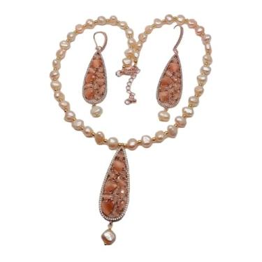 Imagem de SQGGMOAUSC Conjunto de brincos e colar com pingente de olho de gato laranja e pérola de água doce de batata cultivada