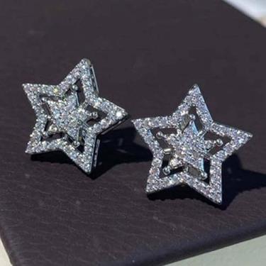 Imagem de Brincos femininos com estrela de cinco pontas vazadas, brincos de estrela cintilante, joias modernas para uso diário e festa, Medium, Cobre, Zircônia