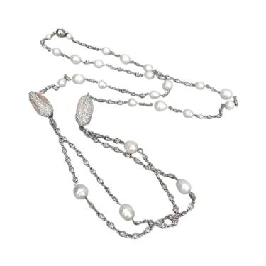 Imagem de DWBPGVUN Colar de corrente com bisel banhado a ouro branco com pérola biwa branca cultivada, joia moderna, 101,6 cm