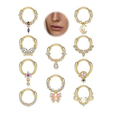 Imagem de LOYALLOOK 10 peças de anéis de septo 16G argola articulada segmento anéis de nariz lágrima planeta azul anéis de septo pingente CZ transparente cartilagem tragus argola hélice daith brincos piercing de nariz joias, Metal, Cobre
