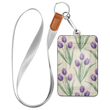 Imagem de Burbuja Porta-crachá de couro com cordão, etiqueta de identificação de tulipa violeta com 1 janela transparente para identidade e 2 compartimentos para cartão para escritório, enfermeira, professor