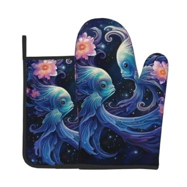 Imagem de Conjunto de 2 peças de luvas de forno com estampa profunda Two Fish in the deep adequado para cozinhar, assar e grelhar ao ar livre