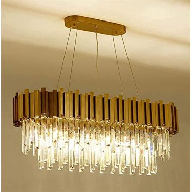 Imagem de RAUGAJ Lustres, cristais ovais E14 lustres de tira longa lustres modernos luminária retangular pendurado luz ajustável para sala de jantar sala de estar