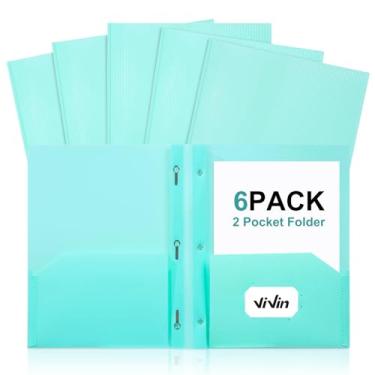 Imagem de ViVin Pasta de plástico resistente com bolsos, pacote com 6, pastas resistentes de dois bolsos com 3 pinos, comporta papel tamanho carta, pastas de arquivo com slot para cartão de visita para escola