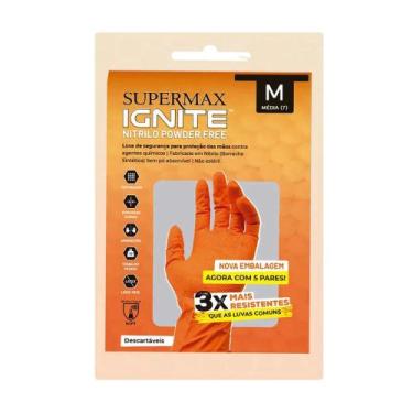 Imagem de Luva protetora de nitrilo laranja ignite pt 5 pares tam m - supermax -