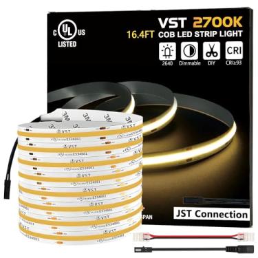 Imagem de VST Fita de luzes LED COB de 5 metros branco quente 2700 K, fita de luz LED regulável de 24 V, 48 W, 2640 LEDs, Ra 93+, IP30, iluminação para cozinha, armários, certificação UL (fonte de alimentação