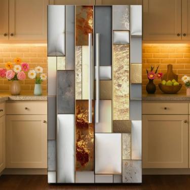 Imagem de GOMAKERER 2 peças com padrão de blocos geométricos removíveis para geladeira, mural autoadesivo para porta de geladeira, painel de freezers, adesivo para decoração de bar de cozinha, 40 x 192 cm