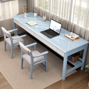 Imagem de Mesa dupla extragrande em madeira com 2 gavetas e prateleira de armazenamento, perfeita para escritório doméstico e mesa de estudo.