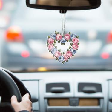 Imagem de Lindo enfeite para pendurar carro de flor, pingente de espelho retrovisor de carro plano 2D, acessórios de pingente interior automotivo para janela, mochila, chaveiro, árvore de Natal, presente, 8 x 8
