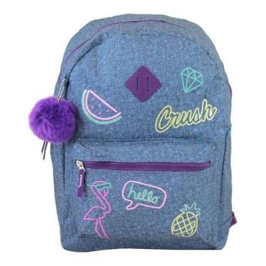 Imagem de 2 X Mochila Juvenil Flamingo Tecido Jeans Pompom Neon Cg9150 - oem