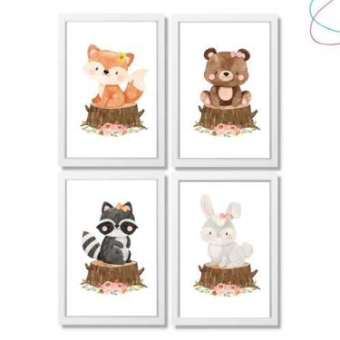 Imagem de Quadros Decorativos Animais do bosque aquarela menina flor - Creative 