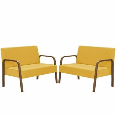 Imagem de Kit 2 Poltronas 2 Lugares Braço Madeira D Salla Amarelo