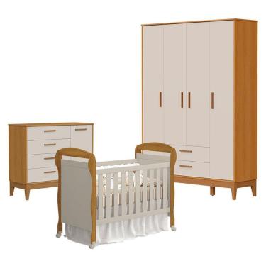 Imagem de Quarto De Bebê 4 Portas Com Cômoda Com Porta Flip E Berço Americano Danny Areia Savana Acetinado - Reller