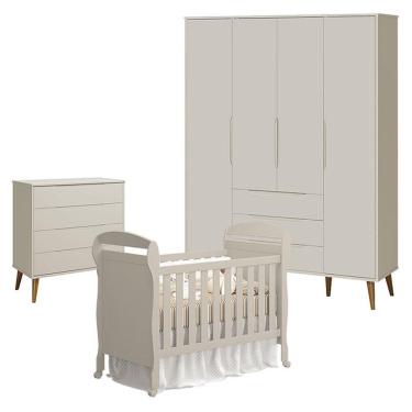 Imagem de Quarto De Bebê 4 Portas Com Cômoda Gaveteiro Elfe Retrô E Berço Americano Danny Areia Acetinado Amadeirado - Reller