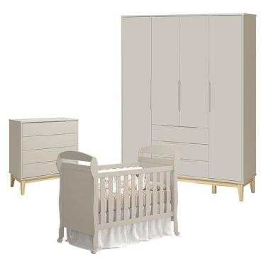 Imagem de Quarto De Bebê 4 Portas Com Cômoda Gaveteiro Elfe Classic E Berço Americano Danny Areia Acetinado Natural - Reller