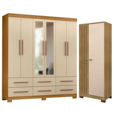 Imagem de Guarda Roupa Casal New Kansas Com Espelho E Armário Multiuso Versatile Carvalho Americano Off White - Incorplac