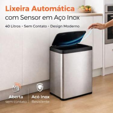 Imagem de Lixeira Automática Retangular 40L com Sensor Inteligente, Aço Inox, Mo