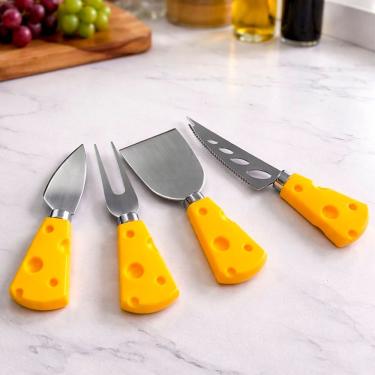 Imagem de Kit de Utensílios para Frios Jogo para Queijos Petiscos e Aperitivos em Plástico e Aço Inox Amarelo
